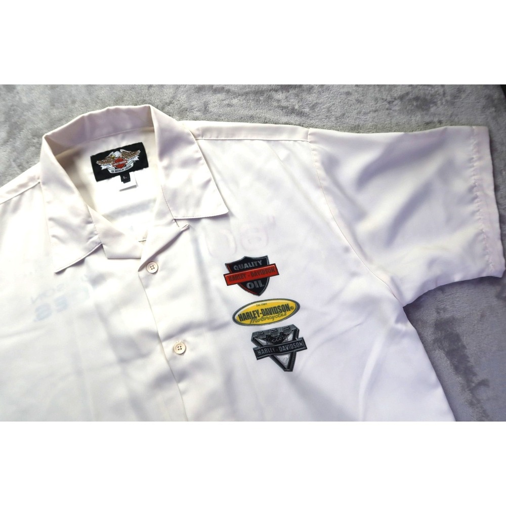 Harley-Davidson Mens 60 Duo-Glides Bowling Shirt Cream White‎ Patches Large